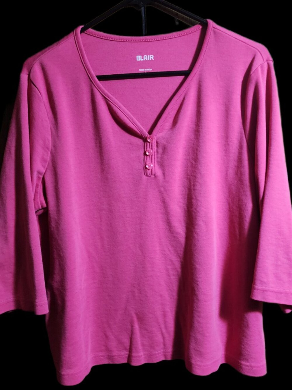 BLAIR Women's Large Hot Pink 3/4 Sleeve Henley Top Split V-Neck Knit Shirt
